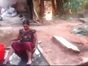 Spycam catches village aunty bathing nude outside - voyeur