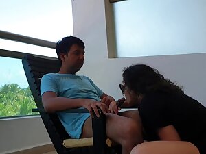 Caught giving blowjob and getting creampied by strangers on public balcony